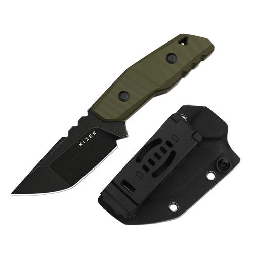 Kizer Quartz Fixed Blade Knife, 3.15" Tanto AEB-L Tactical Knife with Olive Green G10 Handle, 3D Anti-Slip Jimping Hunting Knives with Kydex Sheath for Camping Hiking Survival 1086A1