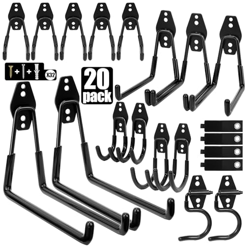 20 Pcs Heavy Duty Garage Hooks ? Garage Wall Hooks for Hanging Ladders, Bikes, Garden Tools, Hose with Anti-Slip Coating