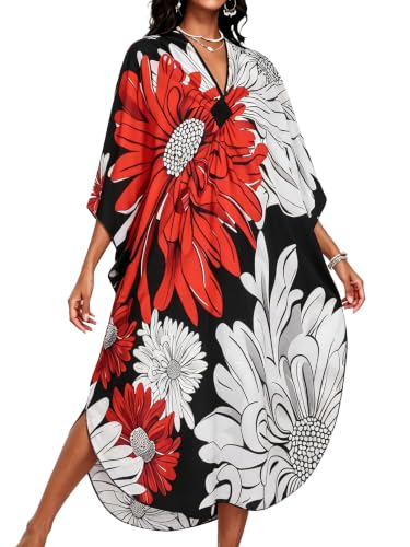 Women's Red Floral Caftan Dress One Size Beach Coverup Moomoo Swimsuit