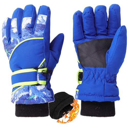 Kids Waterproof Winter Ski Gloves - Warm Plush Lined - Blue, Ages 4-7
