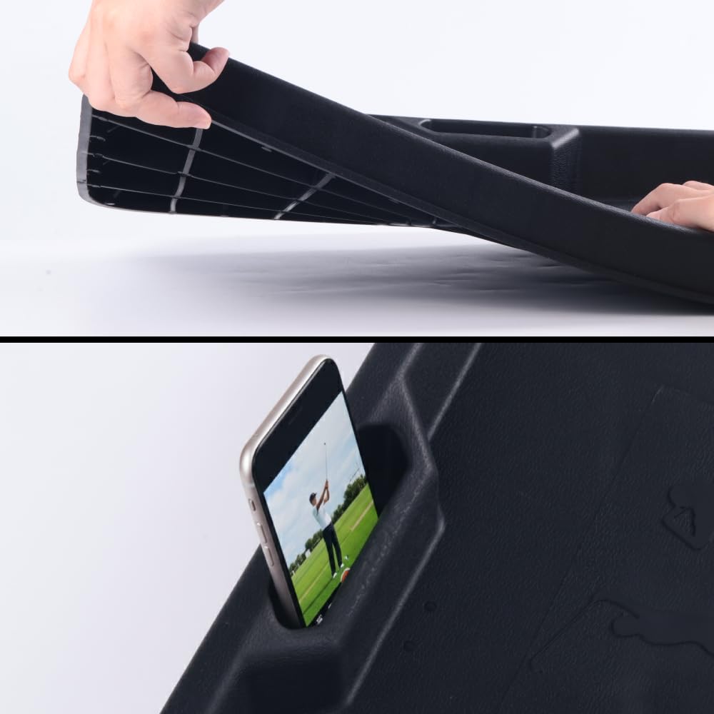 Japard Golf Ball Tray with Built-in Phone Holder Large Capacity 100 Golf Ball Organizer, 23.2" Wide Simulator, Indoor Outdoor Training, Swing Recording Black