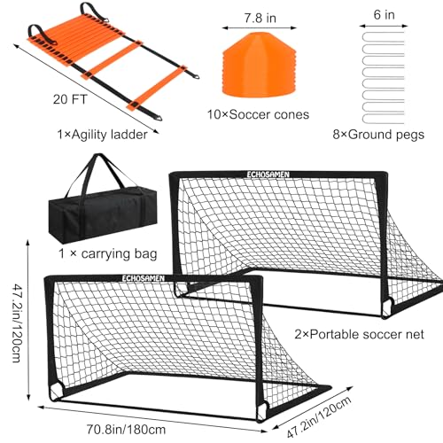 Kids Soccer Goals Set - 2 of 6' x 4' with Cones & Agility Ladder - Black