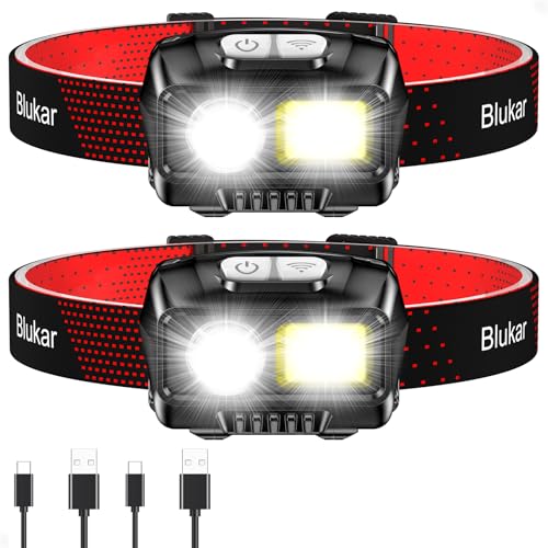 Rechargeable LED Headlamp - 2000L Brightness, 8 Modes & Motion Sensor - Black, 2 Pack