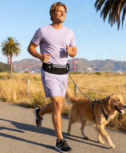 JUCURRI Black Running Belt Fanny Pack with 3 Pockets, Waterproof Phone Holder, Bib Clip & Reflective Strips