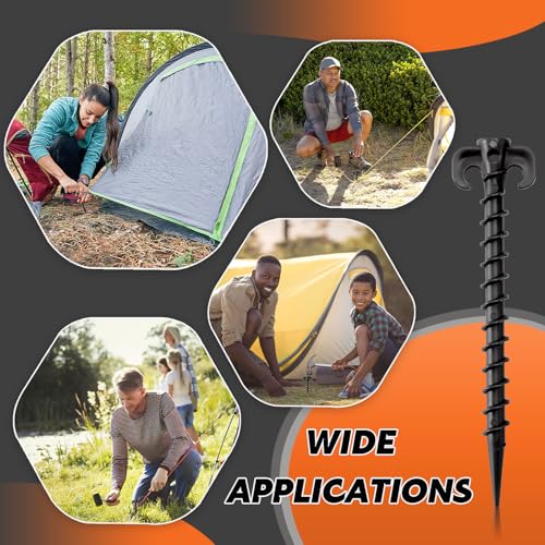 Spiral Tent Stakes - 8 Pack 7.5 Inch Black Plastic Anchors