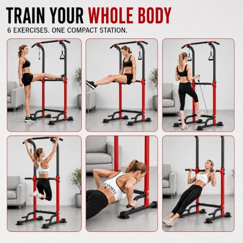 Adjustable Power Tower Pull Up Dip Station - Red, 330lbs Capacity