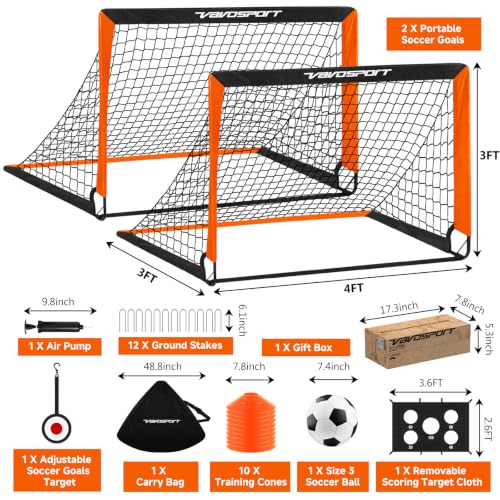 2 Pack Kids Soccer Goals Set - 4x3 ft Pop Up, Black & Orange