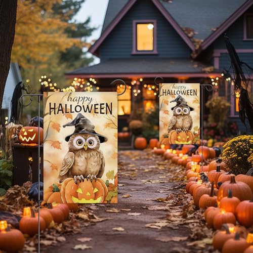 Happy Halloween Garden Flag 12x18 Inch Double-Sided Burlap Pumpkin Owl Yard Sign