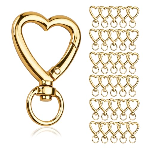 SyhirNmly Gold Heart Keychain Clip - Carabiner Hooks for Keys, Bags, DIY Crafts (30 Pack)