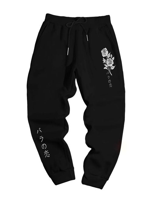 COZYEASE Men's Letter Graphic Print Drawstring Waist Sweatpants Pocket Long Length Casual Jogger Black Print L