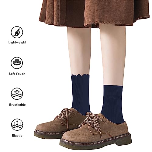 Cute Ruffle Crew Socks for Women - Navy Blue, One Size