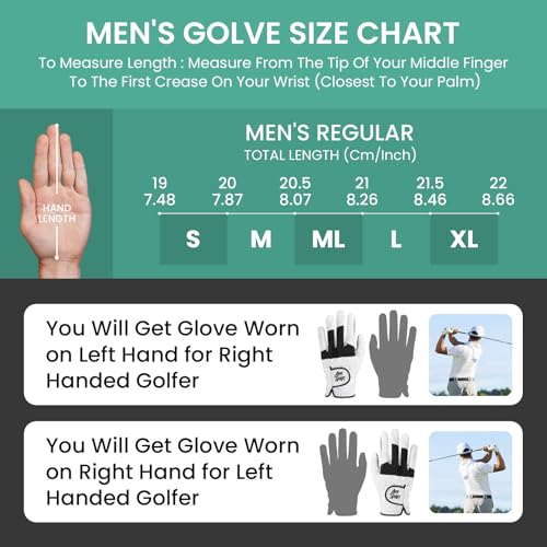 Men’s Golf Gloves - Enhanced Grip All Weather - White - Medium-Large - Left Hand