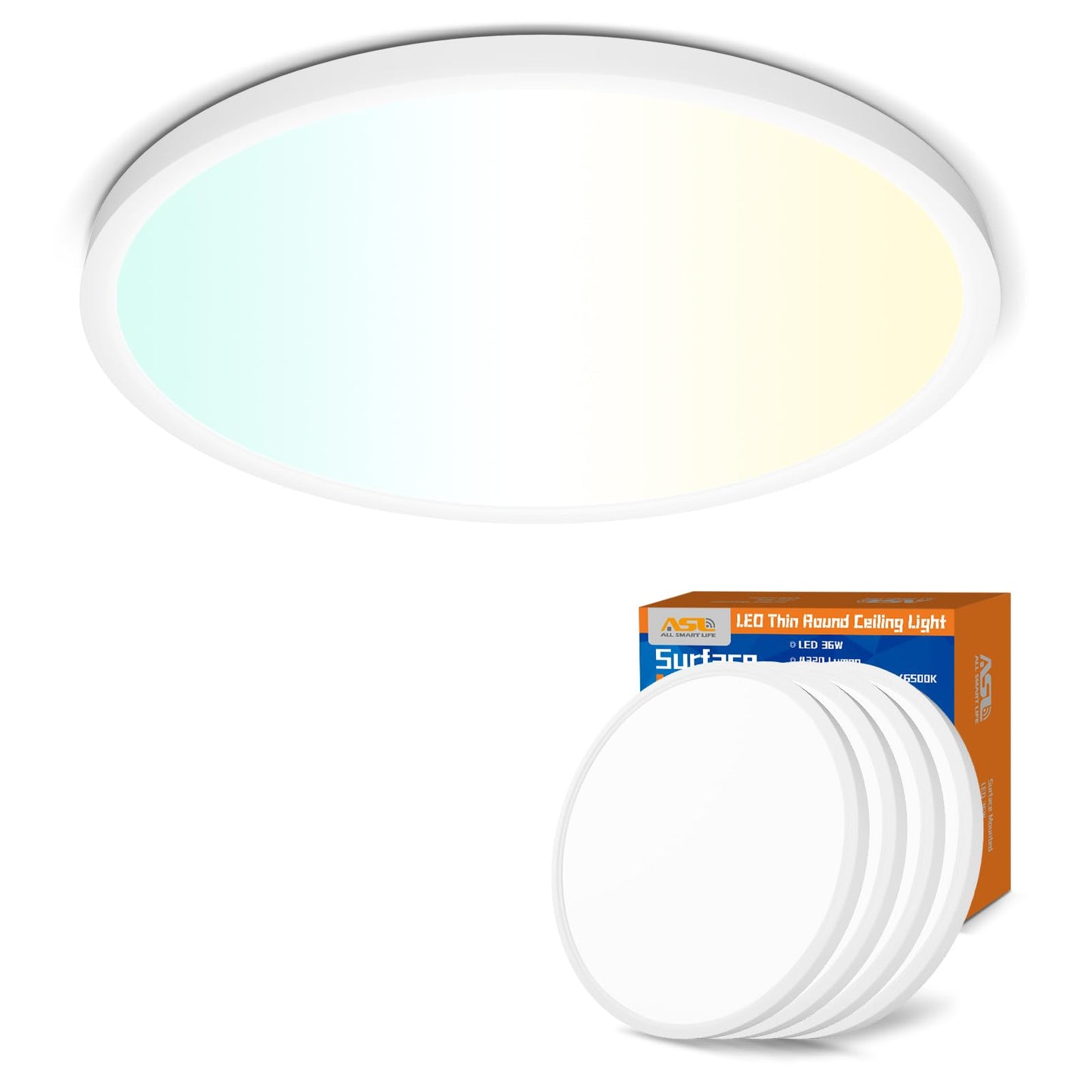 Allsmartlife LED Flush Mount Ceiling Light 4-Pack, 18 inch Thin Round Flat Panel Light 36W 4650lm, 3000K/4000K/6500K Dimmable, White Light Fixtures Ceiling Mount for Kitchen, Bedroom