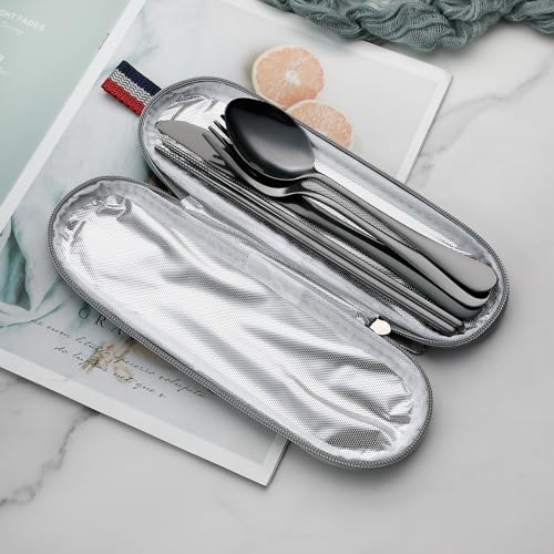 Travel Utensils Set with Case - 5 Piece Portable Silverware - Black