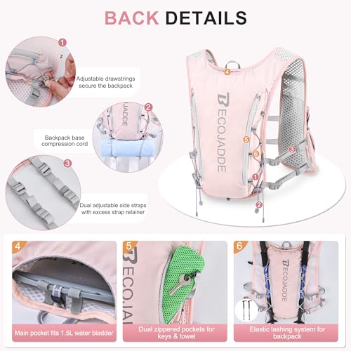 Lightweight Hydration Backpack Running Vest - Pink, 5L with 1.5L Water Bag