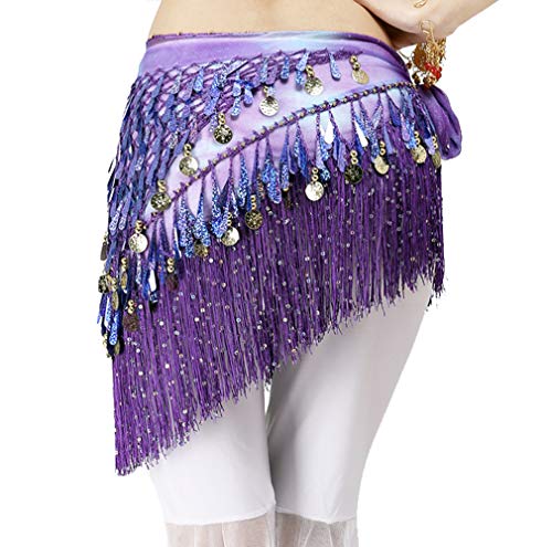 Purple Belly Dance Hip Scarf with Tassels Sequins & Coins - One Size Lauthen.S