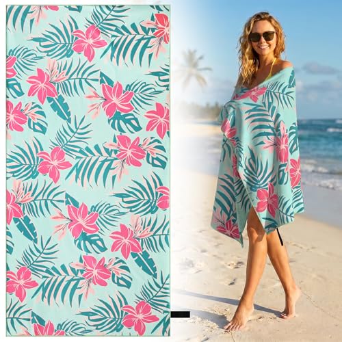 Oversized Beach Towel - 35x72" Quick-Dry Light Teal Pink Floral