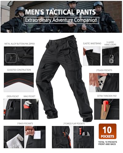 IGOLUMON Men's Tactical Ripstop Cargo Work Pants - 10 Pockets, 36W x 32L, Black