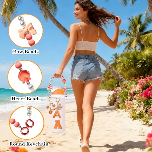5-Piece Water Bottle Accessory Set - Pearl Strap & Letter Charm - Orange / W