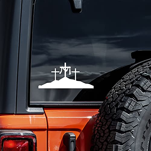 Three Crosses Vinyl Decal Sticker - White, 5.5" x 2.5"