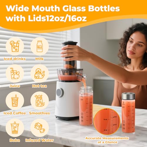 Sursip 12oz Clear Wide Mouth Borosilicate Glass Juice Bottles - 4 Pack with Leakproof Lids