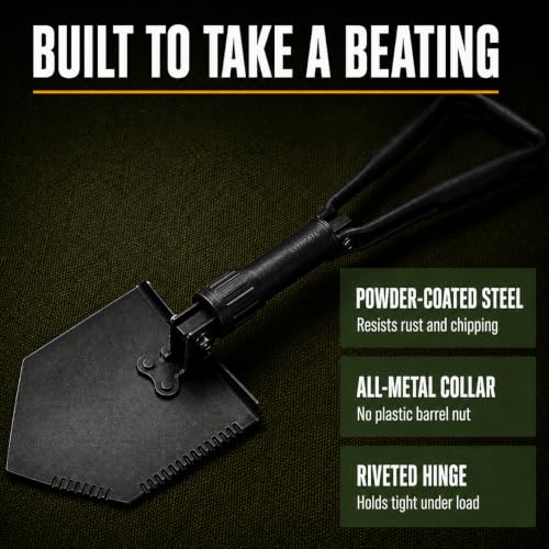 USGI Industries Tri-Fold Military E-Tool Folding Serrated Tactical Shovel – Compact Outdoor Digging Tool