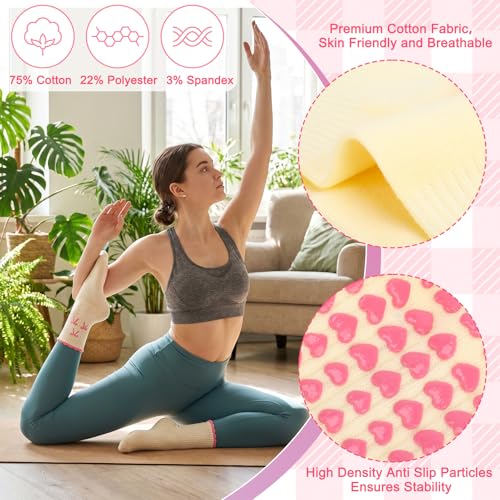 Cute Pilates Socks with Grips for Women - 4 Pairs Pink Yellow Bow