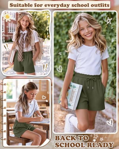 Girls' Drawstring Shorts with Pockets - Army Green, 9-10 Years
