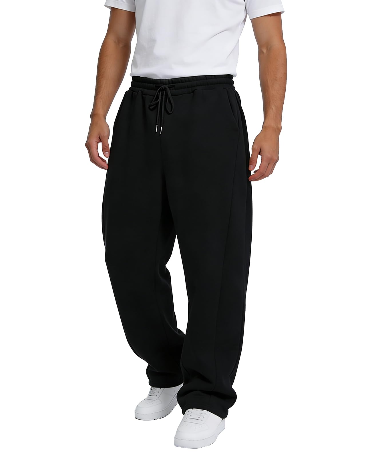 BUXKR Men's Baggy Sweatpants Wide Leg Sweat Pants Fleece Lounge Cotton Loose Elastic Drawstring Waist Pants with Pockets Black