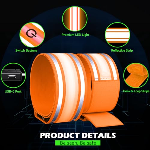 Hoeraonr Rechargeable LED Armband Orange for Night Running & Walking (2 Pack)
