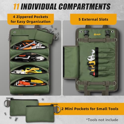 Tool Bag Roll Up, UUP Heavy Duty Portable Soft Tool Storage Organization, Foldable Empty Rollup Organizer with 2 Small Pouches, Rollable Carrying Toolbag, Dad Men Mechanic Welding Birthday Gift, Green