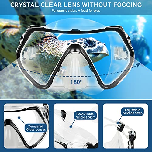 Travel Size Snorkeling Gear Set - Grey ML/XL - Anti-Fog Mask, Trek Fins, Dry Top Snorkel