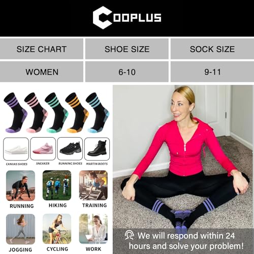 COOPLUS Women's Athletic Crew Socks 5 Pairs Black Cushioned Cotton Wicking Outdoor Sports Calf Socks - One Size