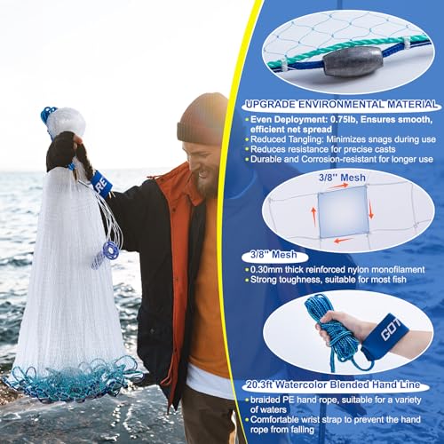 Goture 3/8" Mesh American Fishing Cast Net for Bait Fish Shrimp Trap