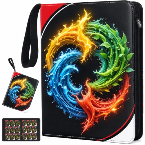 9-Pockets Card Binder 900 Cards with 50 Removable Sleeves, 3-Ring Zipper, LZSIG 4 Elements Black