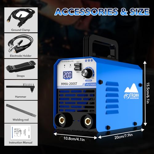 TRQWH 200A MMA Welding Machine 110V Stick Welder Machine Portable ARC Welder with IGBT Digital Display Hot Start for Beginners and Professionals Welder (MMA200ST)