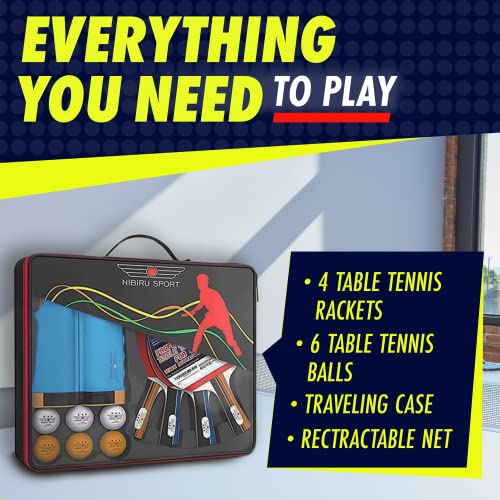 Professional Ping Pong Paddle Set with 4 Paddles, Net & 6 Balls