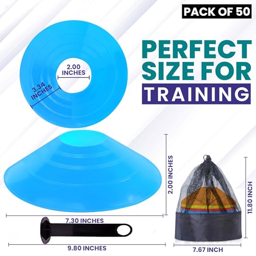 Agility Cone Set - 50 Pack with Carry Bag & Holder - 5 Colors