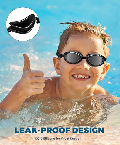 Polarized Kids Swim Goggles for Ages 6-11 - Anti-Fog - Black Frame/Silver