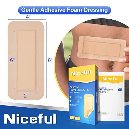Niceful Silicone Foam Wound Dressings 4x8 inch - 10 Pack, Large Sterile Bandages for Wound & Bed Sore Care