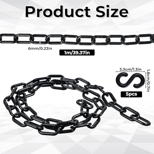 Black Plastic Chain Links, 3 Ft 6mm Plastic Chains with 5 S-Hooks, Linking Chains for Barriers, Crowd Control, Parking, Fences, Gates, Concerts, and Decoration