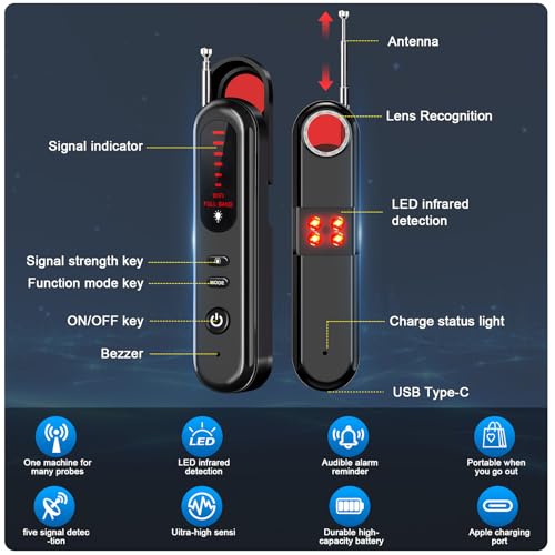 SEVENPARK Hidden Camera Detector - 2025 Portable Camera Finder, GPS Tracker Detector, RF Wireless Signal Scanner for Office, Hotels, Cars, 5 Levels Sensitivity (Black)