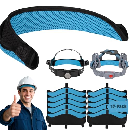 Hard Hat Sweat Bands 12Pcs, Innovative 3-Layer Fabric Sweatbands for Hard Hats Washable, Reusable Cotton Hard Hat Liner for Softness and Comfort,Sponge Hardhat Sweatband for Welding Helmet (Blue)