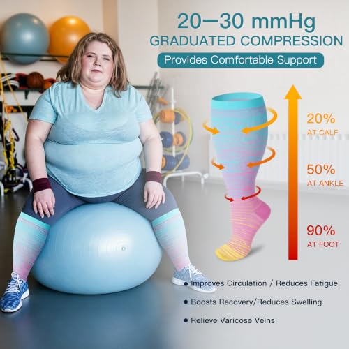 Wide Calf Compression Socks for Women Men 20-30 mmHg - 5X-Large Multicolor