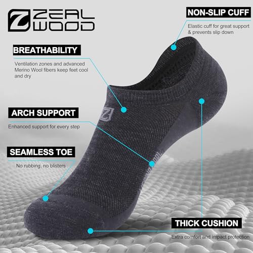 Zeal Wood No Show Merino Wool Ultra-Light Athletic Socks (3 Pairs) Men Women Large Black