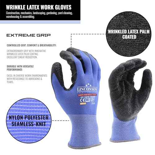 linconson 12 Pack Safety Performance Series Construction Mechanics Wrinkle Latex Work Gloves