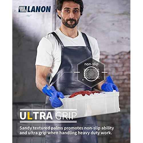 LANON 6 Pairs PVC Chemical Resistant Gloves, Heavy-Duty Rubber Gloves, Acid, Alkali and Oil Protection, Non-Slip, Blue, Large