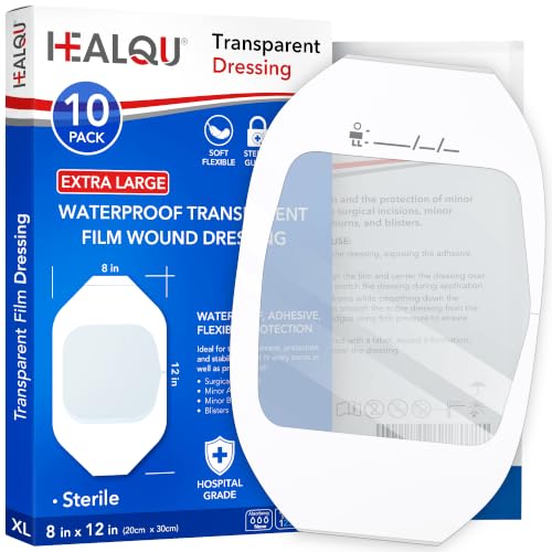 Healqu 8 x 12 Inch Transparent Waterproof Wound Dressing (10 Pack) – Breathable Post-Surgical Bandages for Sensitive Skin