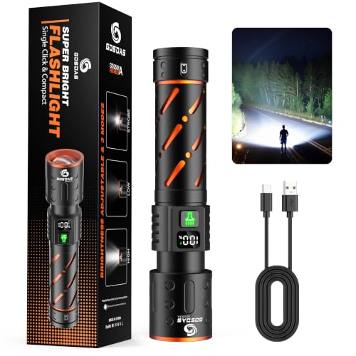 Gosdas USB C Rechargeable Flashlight 100,000 Lumens, Medium Size, 5.75” Long