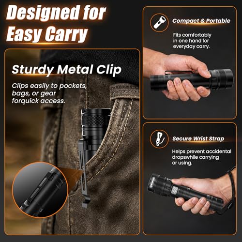 Rechargeable LED Flashlight 5000mAh, USB-C, 4 Modes, Black 1 Pack